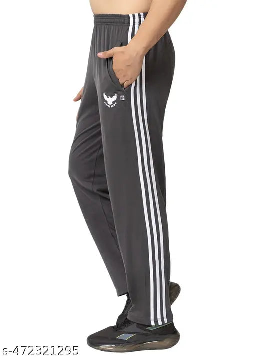 Men's Light Grey Sports Track Pants – Striped Design | Breathable Cotton-Polyester Blend for Active Comfort