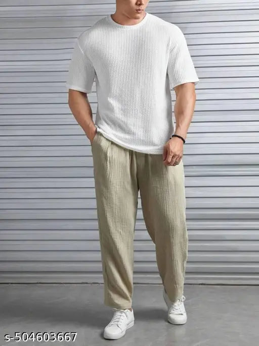 Men's Oversized Waffle Knit T-Shirt – Breathable Cotton Blend, Popcorn Texture, Relaxed Fit
