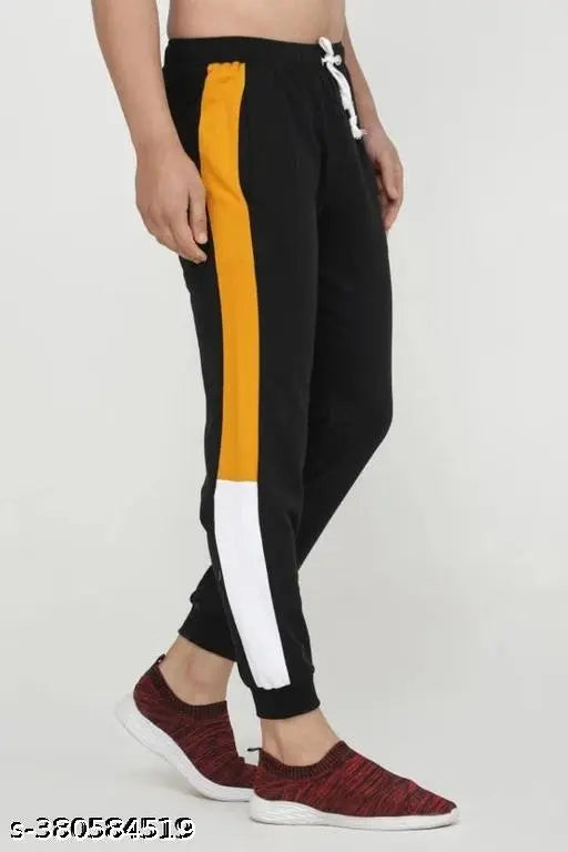 Men's Black Track Pants with Yellow & White Stripes – Cotton Comfort, Modern Slim Fit