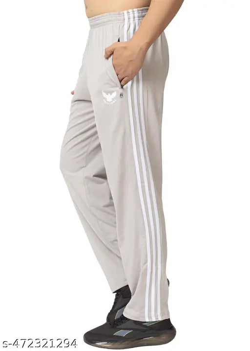 Men's Light Grey Sports Track Pants – Striped Design | Breathable Cotton-Polyester Blend for Active Comfort