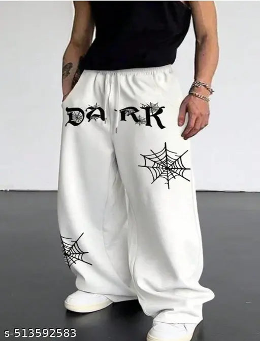 Men’s White “DARK” Trackpants – Gothic Spider Web Print | Streetwear Oversized Fit